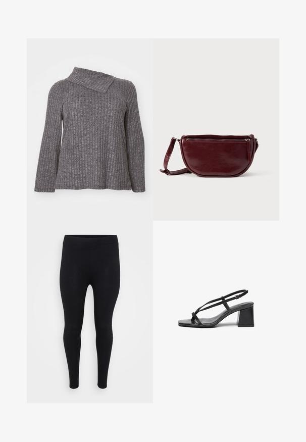 Graues, geripptes Langarmoberteil mit asymmetrischem Kragen, aus strukturiertem Stoff und mit lockerer, lässiger Passform.; Schwarze Leggings mit glatter Textur, hoher Taille und enganliegender Form. Verfügt über subtile seitliche Details entlang der Nähte.; Schwarze Leder-High Heelsandalen mit quadratischer Zehenform, dünnen Riemen und Blockabsatz. Glatte Textur mit minimalen Akzenten, entworfen für einfachen Tragekomfort.; Dunkelroter Lederhandtasche in halbmondförmiger Form mit Reißverschluss und abnehmbarem Tragegurt. Glatte Textur mit dezentem Glanz.