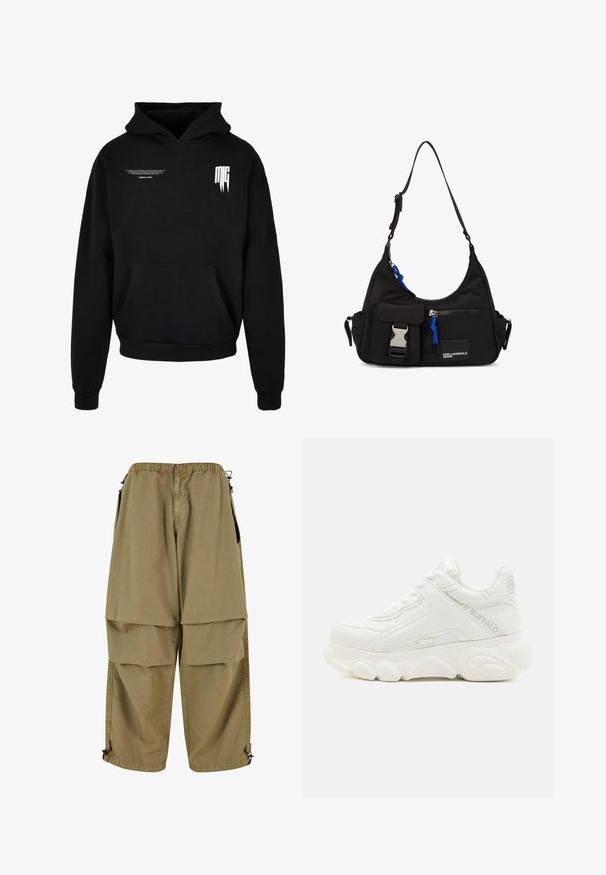 Sudadera negra con capucha con bolsillo delantero, texto pequeño en blanco en la parte superior izquierda del pecho y logotipo estilizado "MG" en la parte superior derecha del pecho.; Pantalones cargo color caqui con cintura elástica, grandes bolsillos frontales y puños ajustables. Están hechos de una tela ligera con una textura suave.; Zapatilla deportiva blanca gruesa con suela gruesa, diseño con cordones y marca "Buffalo" en el lateral y el talón.; Bolso de hombro negro de nylon con forma curvada, correa ajustable, bolsillo frontal con cierre, acento azul y detalle de logo.