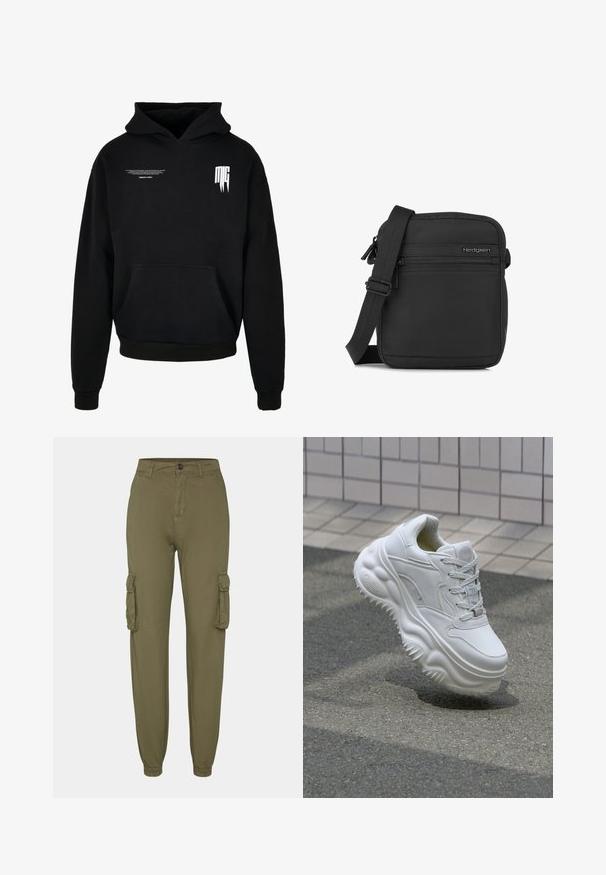 Sweat à capuche noir avec poche sur le devant, petit texte blanc sur la partie supérieure gauche de la poitrine, et logo stylisé "MG" sur la partie supérieure droite de la poitrine.; Pantalons cargo vert olive en tissu doux, dotés de deux poches latérales, de poignets élastiques et d'une fermeture par bouton à l'avant.; Baskets blanches en cuir avec une semelle épaisse, des détails texturés et un système de laçage. Présente des accents moulés et une finition lisse.; Petit sac bandoulière noir compact avec sangle réglable, poche avant zippée et logo Hedgren sur une surface en tissu lisse.