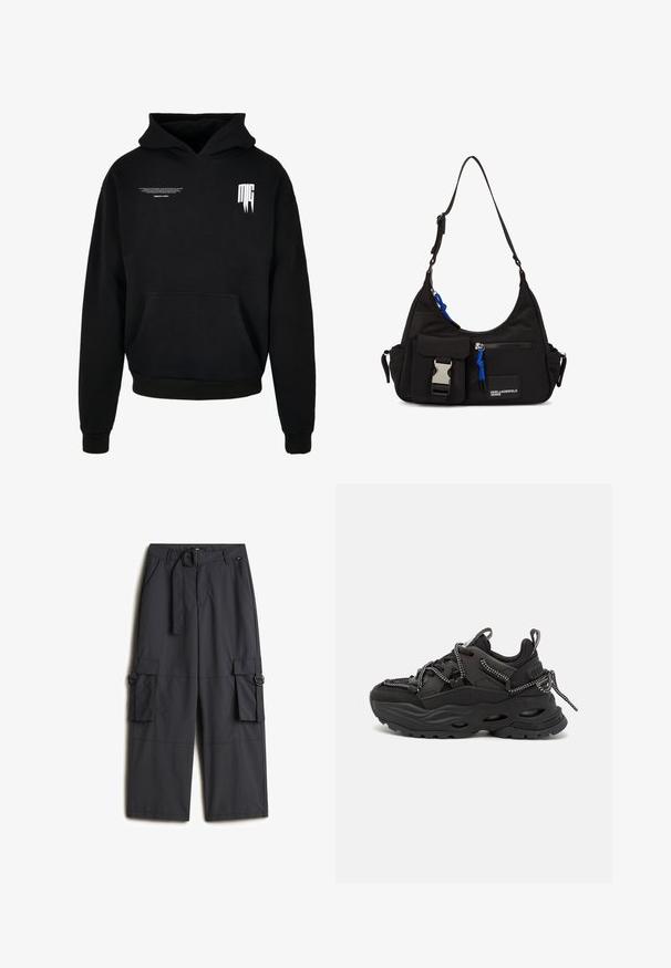 Sudadera negra con capucha con bolsillo delantero, texto pequeño en blanco en la parte superior izquierda del pecho y logotipo estilizado "MG" en la parte superior derecha del pecho.; Pantalones cargo de un gris oscuro, hechos de una tela ligera, que cuentan con un cinturón de hebilla redonda, dos bolsillos laterales y dos bolsillos cargo.; Zapatillas deportivas negras con upper de tela texturizada, suela de goma gruesa y detalles de cordones en contraste. Presenta refuerzo en el talón y logotipo.; Bolso de hombro negro de nylon con forma curvada, correa ajustable, bolsillo frontal con cierre, acento azul y detalle de logo.