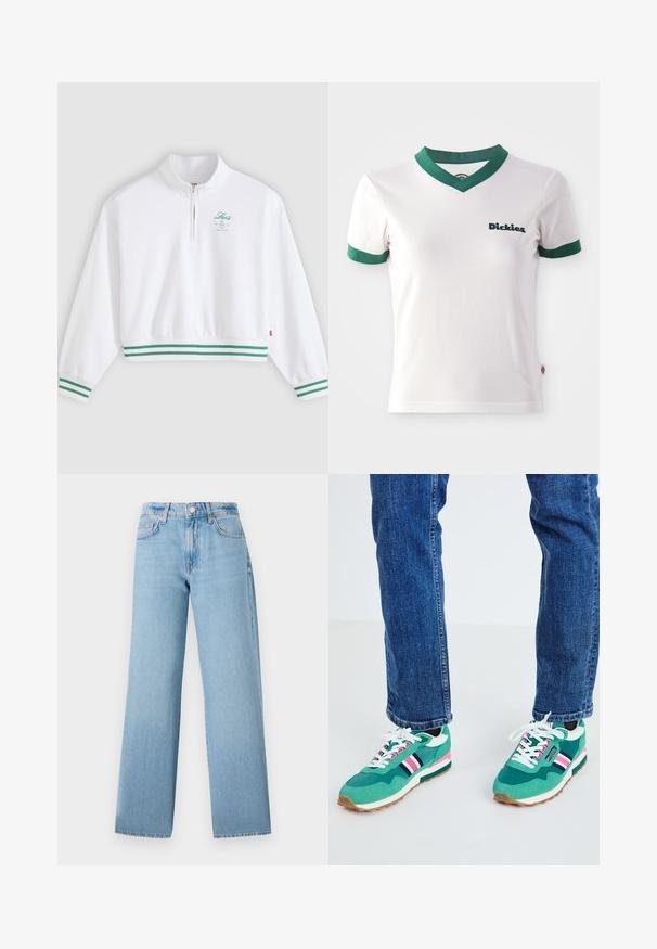 Biela mikina s dlhými rukávmi a štvrťzipsom, so zelenými pruhovanými manžetami a lemom, a malým zeleným logom "Levi's" na ľavej strane hrudníka.; Biela tričko s krátkym rukávom, s zeleným výstrihom do V a zelenými pruhmi na rukávoch; na ľavej hrudi sa nachádza logo "Dickies" v tmavozelenej farbe. Hladká bavlnená textúra.; Svetlomodré nohavice s širokými nohavicami vyrobené z džínsového materiálu, s vysokým pásom, dizajnom s piatimi vreckami a uzáverom na gombík so zipsom.; Zelené športové tenisky s bielymi a námorníckymi akcentmi, detailom ružového pruhu a textúrovanou tkaninou. Šnurované bielymi šnúrkami; gumová podrážka.