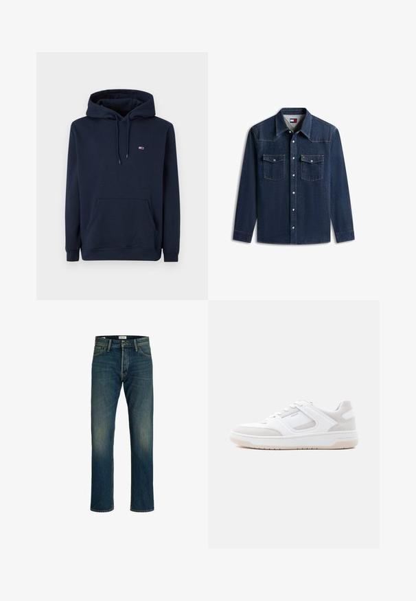 Sudadera con capucha de color azul marino, fabricada en mezcla de algodón, con un bolsillo frontal, cordones y un pequeño logo en el pecho. Textura suave.; Camisa de mezclilla azul oscuro de manga larga con botones a presión en la parte delantera, dos bolsillos en el pecho con solapas y cuello puntiagudo.; Vaqueros de denim con un lavado azul medio, corte recto, diseño clásico de cinco bolsillos y un ligero desgaste en los muslos para mayor textura.; Zapatilla de perfil bajo en blanco y beige claro con cierre de cordones, cuello acolchado y suela de goma sobre un fondo claro y liso.