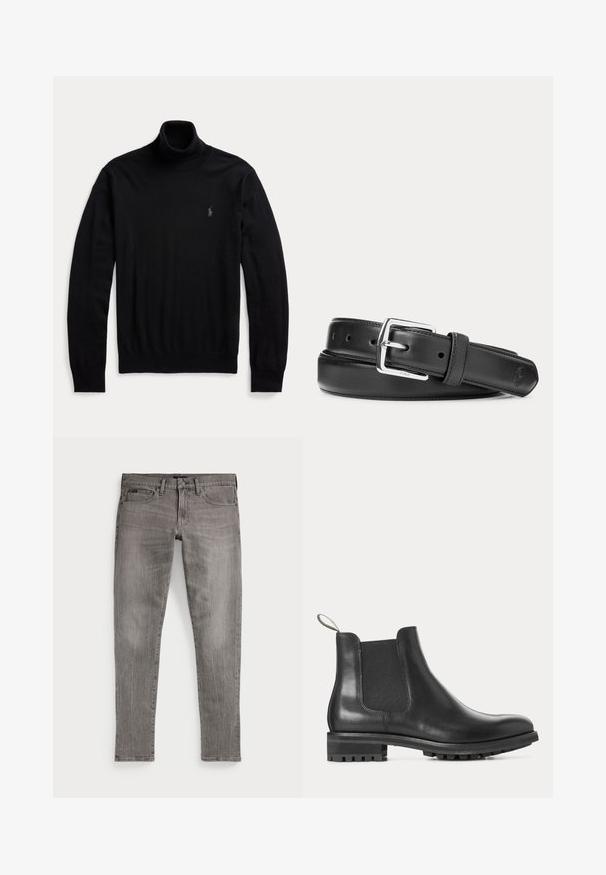 Sort langærmet rullekravetrøje med ribstrikkede ærmekanter og kant, med en lille broderet logo på venstre bryst.; Grå denim jeans, slim fit, med lige ben. Har klassisk femlomme-design, stikninger og en let falmet tekstur.; Sort læder Chelsea-støvle med elastiske sidepaneler, trækstrop bagpå, riffel-gummisål og lav hæl, vist i profil.; Sort læderbælte med sølvfarvet rektangulært spænde, rullet sammen på en hvid baggrund, med et diskret præget logo på spidsen.
