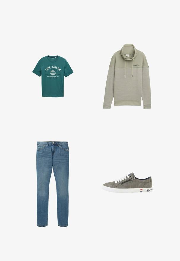 Lys grøn hættebluse med cowl-neck, stribet tekstur på den nederste del, justerbare snore og et logo trykt på brystet.; Teal kortærmet t-shirt lavet af bomuld med rund halsudskæring og hvid tekst "TOM TAILOR" samt design detaljer på forsiden.; Lyseblå denimjeans med lige ben, femlommerstil, diskret falmning og kontraststing langs sømmene.; Grå lavtop-sneaker med hvide snørebånd, sidelås og hvid sål med røde, hvide og blå striber samt Tom Tailor-branding.