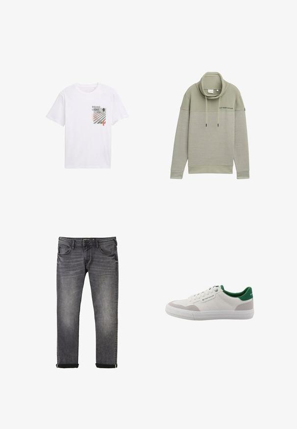 Lichtgroene hoodie met een kraag, gestreepte textuur op de onderste helft, verstelbare trektouwen en een logo bedrukt op de borst.; Witte katoenen t-shirt met een vooraanzicht grafiek met de tekst "BRAND IDENTITY", zwarte en rode accenten, en een rechthoekig designelement.; Grijze denimjeans met een recht gesneden ontwerp, voorzien van een klassieke vijf-pocket stijl, opgerolde zoom en subtiele vervaging op de stof.; Witte lage sneaker met een groene binnenkant en hiel, beige accenten op de neus, witte veters en het "Tom Tailor" logo aan de zijkant.