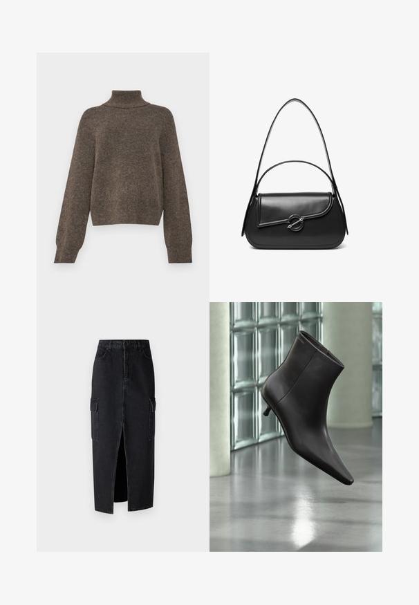 Brun, strikket sweater med høj krave og løs pasform. Den har lange ærmer og et blødt, struktureret stof.; Sort denim maxiskørt med en frontslids, to sidelommer og en tætsiddende talje. Stoffet har en glat tekstur og en solid konstruktion.; Sort læderankelstøvle med spids tå og lille hæl vist mod en væg af glasblokke og poleret gulv baggrund.; Sort skuldertaske i læder med en buet klap, der er fastgjort med en rund metal spænde, og en slank, justerbar rem.