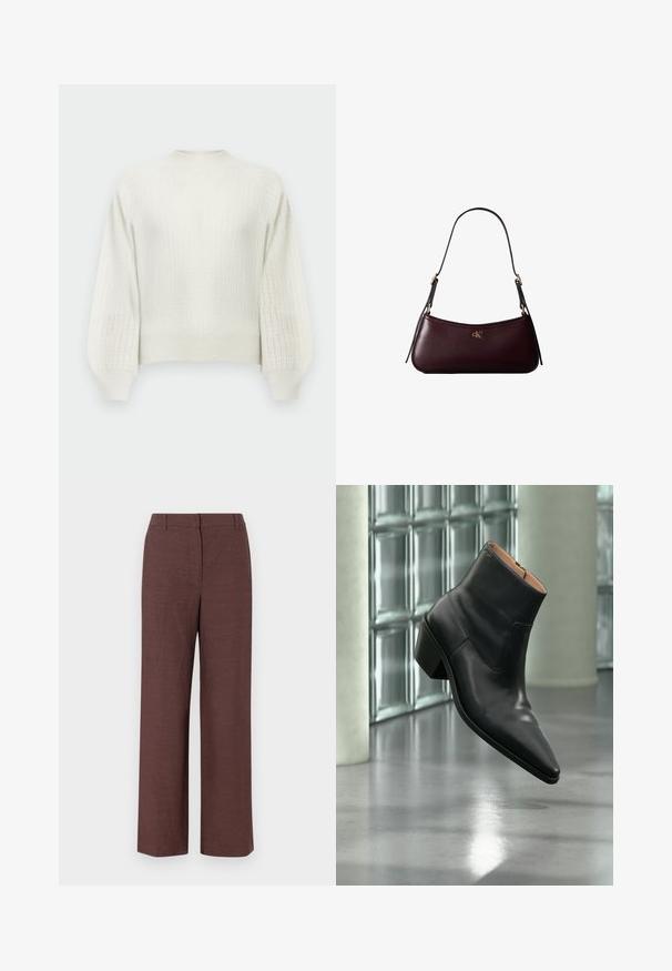 Kremfarvet strikket sweater med et struktureret mønster, rund halsudskæring og ballonærmer. Ribstrikkede manchetter og kant afslutter designet.; Brune bredbensbukser lavet af tekstureret stof med en glat finish, med flad front, bæltesløjfer og sidelommer.; Sort læderankelstøvle med spids tå og blokhæl, der svæver over en reflekterende grå gulv nær en væg af glasblokke.; Mørk bordeaux læderhåndtaske med en tynd sort skulderrem og lille gyldent "cK" logo foran i midten.