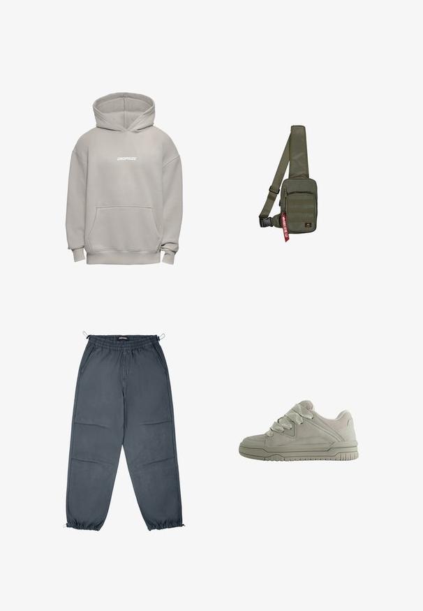 Hellgrauer übergroßer Hoodie mit Fronttasche und "DROPSIZE" in Weiß auf der Brust gedruckt.; Graue Jogginghosen mit elastischem Bund, seitlichen Taschen und elastischen Bündchen, die über eine glatte Textur und einen geraden Schnitt verfügen.; Grau Sneaker mit niedrigem Schaft, dicken, strukturierten Schnürsenkeln, gepolstertem Kragen, genähten Einsätzen und einer profilierten Gummisohle für besseren Halt.; Olivgrüne Umhängetasche aus strukturiertem Stoff, mit einer Reißverschlusstasche vorne und einem roten Markenetikett. Verstellbarer Träger für Komfort.