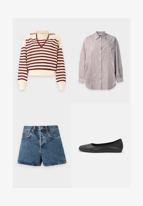 Kremfarvet strikket sweater med bordeaux vandrette striber, dyb V-udskæring og lange pufærmer med tætsiddende manchetter.; Skjorte med lange ærmer og knapper med vertikale brune og hvide striber samt små blomstermotiver spredt ud over stoffet.; Denimshorts i mellemblå med høj talje, fem lommer, kontrasterende syninger og lukning med metalknap. Struktureret stof med en let falming.; Sort læderballetsko med rund tå, glat tekstur, minimal syning og et fleksibelt såldesign.