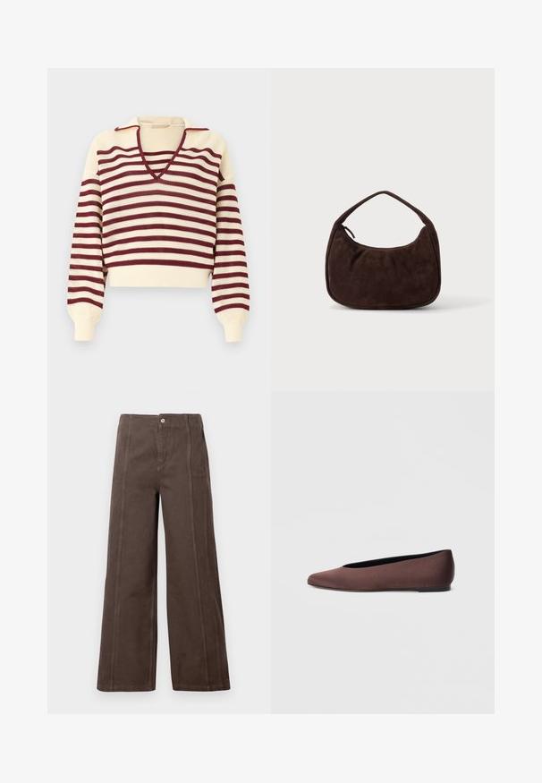 Kremfarvet strikket sweater med bordeaux vandrette striber, dyb V-udskæring og lange pufærmer med tætsiddende manchetter.; Brune viddebukser lavet af glat stof, med sømme foran og en enkelt metalknap lukning i taljen.; Brune balletflade sko i stof med spids tå og glat tekstur, med lav hælkappe og tynd sort sål. Ingen synlige mønstre eller beslag.; Mørkebrun ruskindshåndtaske med kort rem og afrundet rektangulær form på en ensfarvet lys baggrund.
