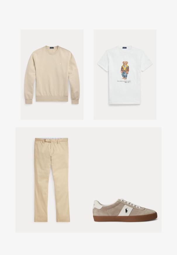 Beige bomulds-sweatshirt med rund halsudskæring, ribkant ved ærmer og linning. Har lille broderet logo på brystet. Glat tekstur, afslappet design.; Hvid bomuld T-shirt med grafik af en klædt tegneserie-bjørn. Bemærkelsesværdige detaljer inkluderer en brun jakke, gul hættetrøje og blå jeans.; Beige bukser med lige ben, bæltestropper og frontlynlås, lagt fladt mod en hvid baggrund.; Beige ruskind lav-top sneaker med hvide snørebånd, hvid læder accent med sort hest logo og brun gummisål.