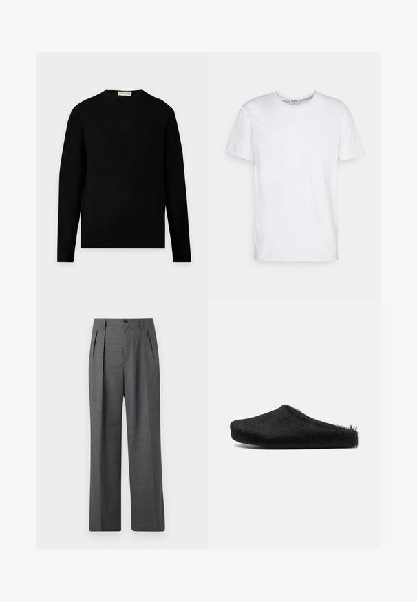 Sort langærmet crewneck-trøje med et enkelt, ensfarvet design, vist mod en lysegrå baggrund.; Hvid kortærmet t-shirt lavet af bomuld. Har en rund halsudskæring og en afslappet pasform uden synlige mønstre eller detaljer.; Grå plisserede formelle bukser med knappet linning og sidelommer, vist mod en ensfarvet baggrund.; Marni Slip-on sandaler - black