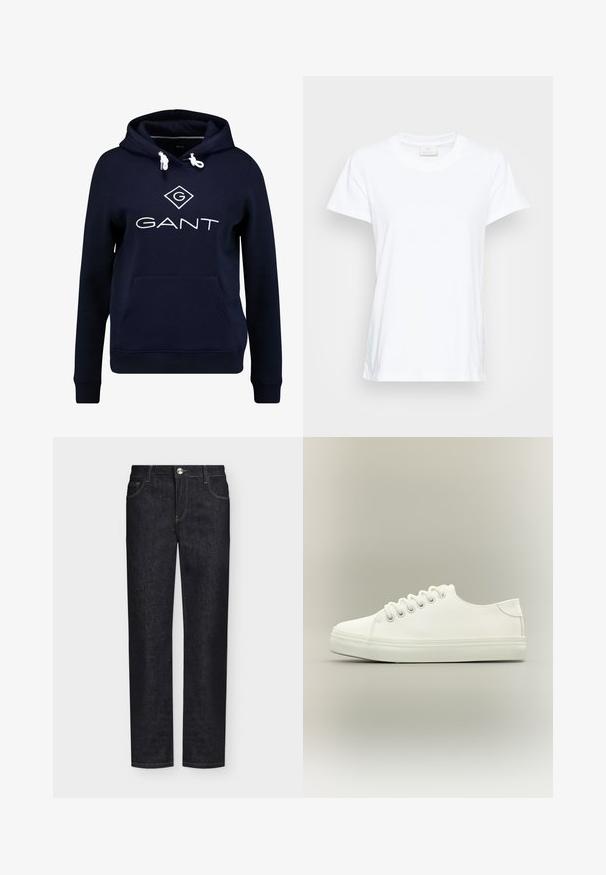 GANT LOCK UP HOODIE - Hættetrøje - evening blue; Hvid kortærmet t-shirt lavet af blød bomuld. Har en rund halsudskæring og en let løs pasform med sideslidser for ekstra komfort.; Sorte jeans med lige ben, forlommer, bæltestropper og knaplukning på en ensfarvet baggrund.; Hvid lavtop sneaker med hvide snørebånd og gummisål vist fra siden på en neutral baggrund.