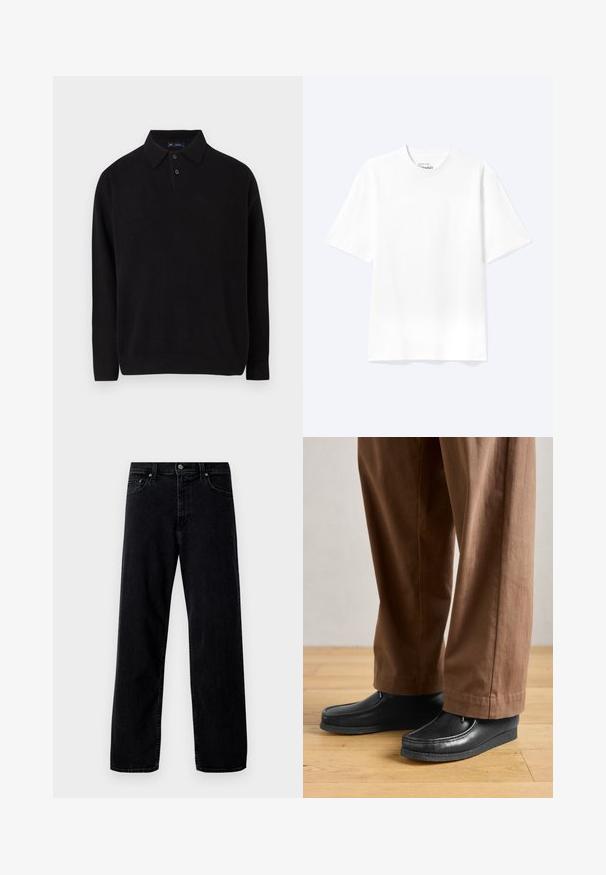Sort pullover sweater med kravehals, tre knapper foran, ribbede manchetter og afslutning, lavet af et blødt strikket materiale.; Enkel hvid T-shirt med korte ærmer og rund hals med afslappet pasform, vist på en lys baggrund.; Hollister Co. Baggy jeans - washed black; Sorte lædersko med mokkasin-design og syningdetaljer, parret med brune bukser, på et trægulv.