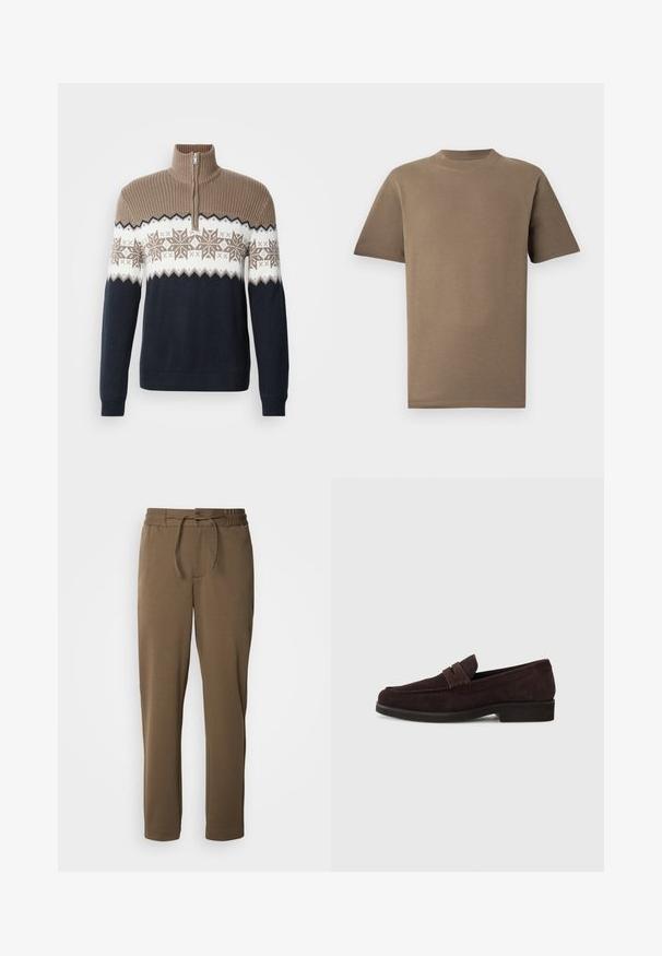 Pull-over en tricot avec une demi-fermeture éclair. Présente un col côtelé beige, un motif flocon de neige en beige et blanc, un corps bleu foncé, et des manches longues.; T-shirt en coton marron à manches courtes, col rond et coupe droite. Texture lisse, coutures minimales et pas de logos visibles.; Pantalons de survêtement marron, effilés, avec une taille élastique et un cordon de serrage. Texture douce et lisse, avec des poches latérales et un design simple.; Mocassins en daim marron avec une silhouette basse et un embout arrondi. Présentent une sangle décorative sur le dessus, une semelle en caoutchouc plate et sans couture visible.