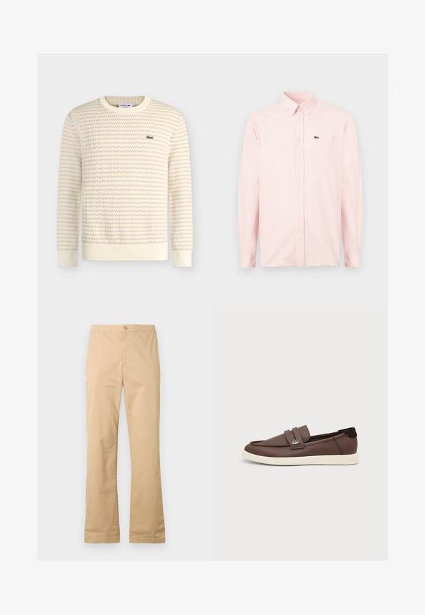 Pull en maille texturée crème et beige à manches longues et col rond, avec un petit logo crocodile vert Lacoste sur le côté gauche de la poitrine.; Chemise rose clair à manches longues avec boutons, poche poitrine et petit logo de crocodile vert sur la poche.; Pantalon en coton beige avec un design à jambe droite, doté d'une fermeture à bouton à l'avant et sans motifs ni accents visibles.; Mocassin en cuir marron avec semelle en caoutchouc blanche, design slip-on et petit logo crocodile métallique sur la lanière latérale.