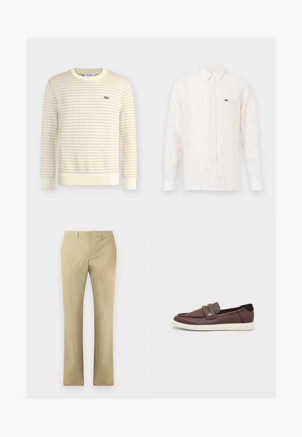 Pull en maille texturée crème et beige à manches longues et col rond, avec un petit logo crocodile vert Lacoste sur le côté gauche de la poitrine.; Chemise à rayures claires avec des manches longues, col boutonné et un petit logo vert sur la poche gauche de la poitrine. En coton.; Pantalons beiges avec une coupe à l'avant plate, fermeture à bouton et jambe droite. Fabriqués en tissu lisse avec des coutures minimales visibles.; Mocassin en cuir marron avec semelle en caoutchouc blanche, design slip-on et petit logo crocodile métallique sur la lanière latérale.