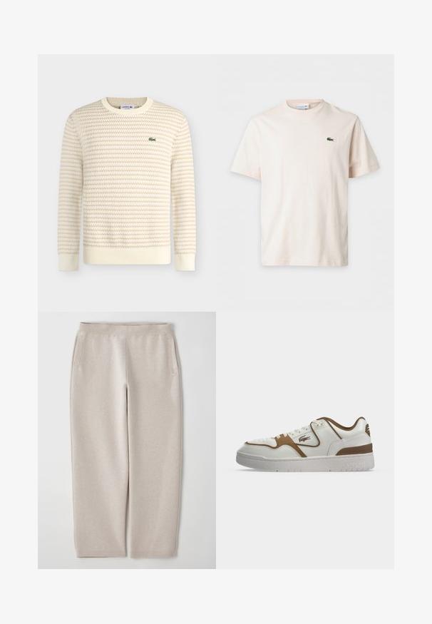 Jersey de punto texturizado en crema y beige con mangas largas y cuello redondo, que presenta un pequeño logo de cocodrilo Lacoste verde en el pecho izquierdo.; Camiseta lisa de color beige claro, de manga corta con cuello redondo y pequeño logo verde de cocodrilo en el pecho izquierdo.; Pantalones de chándal beige fabricados con tejido suave, que cuentan con una cinturilla ancha, bolsillos laterales y piernas ajustadas para un ajuste relajado.; Zapatilla baja blanca y marrón con cordones delanteros, logo del cocodrilo de Lacoste en el lateral y suela blanca gruesa con el nombre de la marca en relieve.