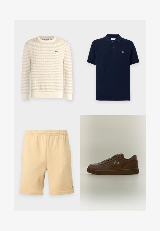 Pull en maille texturée crème et beige à manches longues et col rond, avec un petit logo crocodile vert Lacoste sur le côté gauche de la poitrine.; Polo à manches courtes bleu marine avec un col à deux boutons et un petit logo crocodile vert sur le côté gauche de la poitrine.; Shorts décontractés beige avec taille élastique et petit logo vert brodé en bas de la jambe droite.; Baskets basses en cuir marron avec un design à lacets et un logo crocodile vert sur le côté, présentées sur un fond neutre uni.