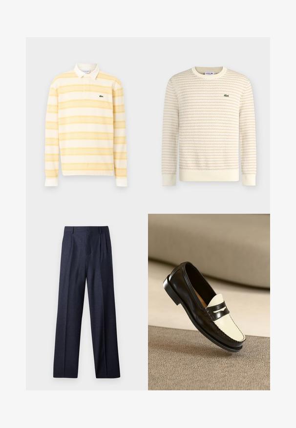 Pull en maille texturée crème et beige à manches longues et col rond, avec un petit logo crocodile vert Lacoste sur le côté gauche de la poitrine.; Polo à manches longues rayé jaune et blanc avec un col blanc et un petit logo crocodile vert sur la poitrine.; Pantalons en laine bleu marine avec une coupe ajustée, présentant un devant plissé et des jambes larges. Texture lisse et lignes épurées, adaptés aux occasions formelles.; Mocassin en cuir noir avec un empeigne crème et des rayures noires, présentant un petit talon et des coutures détaillées le long des bords.