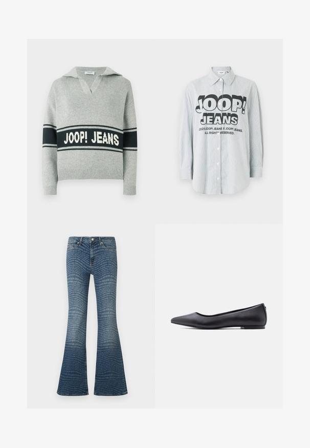 Lysegrå striktrøje med bred sort stribe og hvid "JOOP! JEANS" tekst over brystet, åben krave samt ribstrikkede manchetter og kant.; Stribet skjorte med knapper i lyseblåt og hvidt stof. Har et markant sort logo "JOOP! JEANS" på forsiden, med lange ærmer.; Blå vidde jeans med gentaget "JOOP! JEANS" logo mønster over det hele og klassisk fem-lomme design.; Sort flad lædersko med spidst tåparti og lav hæl, vist i sideprofil mod en hvid baggrund.
