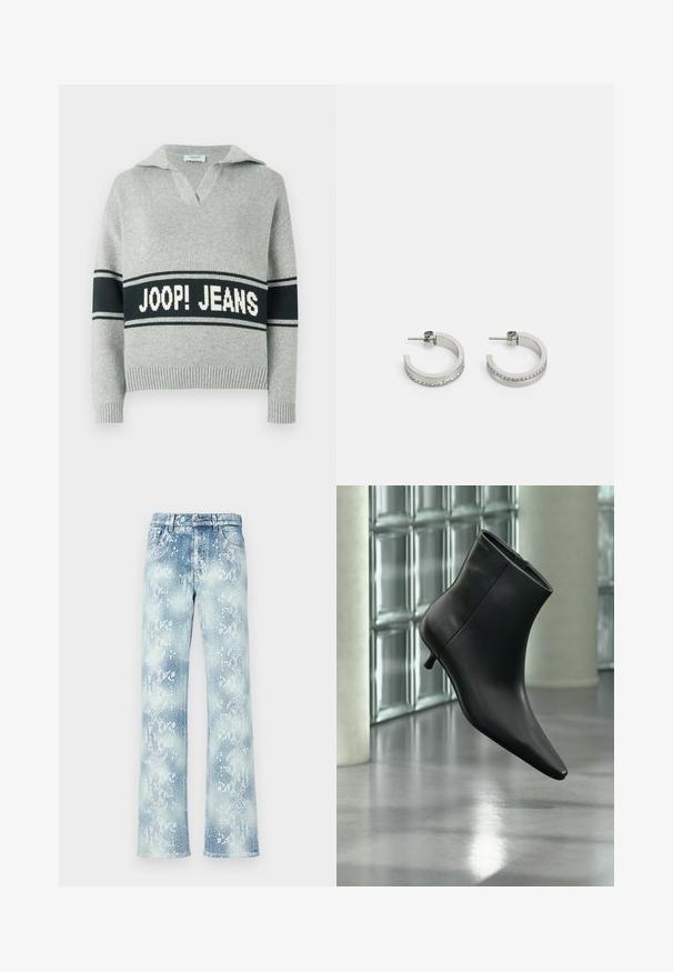 Hellgrauer Strickpullover mit breitem schwarzen Streifen und weißem "JOOP! JEANS"-Schriftzug auf der Brust, offenem Kragen sowie gerippten Bündchen und Saum.; Hellblaue Jeans im Schlangenhautmuster mit lockerer Passform, klassischen Bund, Reißverschluss und ausgefransten Säumen.; Schwarzer Leder-Stiefelette mit spitzer Zehenpartie und niedrigem Kitten-Heel, schräg dargestellt vor einem polierten Boden und einer Glasbausteinwand.; Silberne Creolen mit einer glatten Oberfläche und einer Reihe kleiner klarer Steine entlang der unteren Kante, mit einer Steckverschluss.