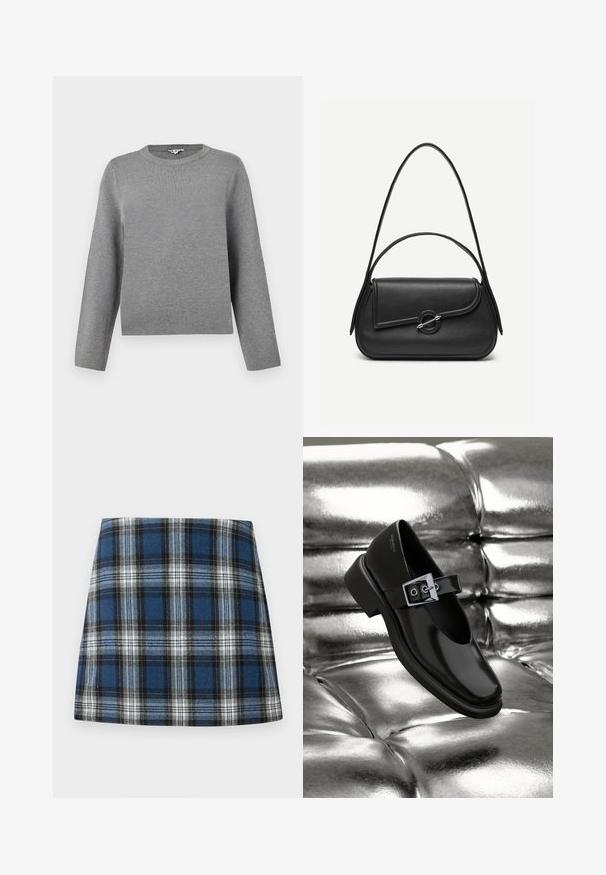 Pull en tricot gris avec un col rond et des manches longues ; texture douce et coupe droite, avec un motif de tricot subtil et uniforme.; Jupe en tartan bleu présentant un motif à carreaux varié en bleu, noir et blanc. Fabriquée dans un tissu texturé avec une silhouette ajustée.; Chaussure Mary Jane en cuir noir avec un bout carré, un accent de boucle en argent et un talon bas épais, sur un fond argenté brillant.; Sac à main en cuir noir avec bords arrondis, rabat asymétrique, fermoir circulaire en métal, et des bandoulières courtes et longues.