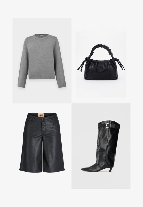 Sweater gris de punto con cuello redondo y mangas largas; textura suave y corte recto, con un sutil patrón de punto uniforme.; Pantalones cortos hasta la rodilla de cuero sintético negro con botón frontal, trabillas para cinturón y etiqueta JJXX en la cintura interior.; Bota negra de cuero hasta la rodilla con punta afilada y un pequeño tacón. Presenta un cinturón en la parte superior con una hebilla plateada. Textura suave.; Bolso negro con textura de cocodrilo, borde superior fruncido, asa recogida y cordones con borlas en cada lado sobre un fondo blanco.