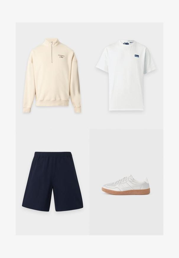 Sweat-shirt couleur crème avec fermeture éclair quart, col montant et petit logo Abercrombie & Fitch sur la poitrine gauche.; T-shirt blanc à manches courtes et col rond avec un petit logo Penfield rectangulaire bleu sur le haut de la poitrine gauche.; Shorts décontractés bleu marine avec une taille élastique et une coupe droite, présentés sur un fond blanc uni.; Baskets argentées avec une texture lisse, un design à lacets, des accents perforés et une semelle en caoutchouc marron texturé.