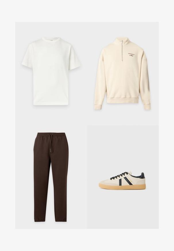 Sweat-shirt couleur crème avec fermeture éclair quart, col montant et petit logo Abercrombie & Fitch sur la poitrine gauche.; T-shirt blanc uni à manches courtes et col rond, présenté à plat sur un fond blanc avec une étiquette GAP visible à l'intérieur du col.; Pantalon de jogging marron avec taille élastique, cordon, poches latérales et poignets élastiques, posé à plat sur un fond clair.; Baskets décontractées en crème avec des rayures noires, présentant un dessus texturé et une semelle en caoutchouc. Les lacets sont noirs. Logo discret sur le côté.