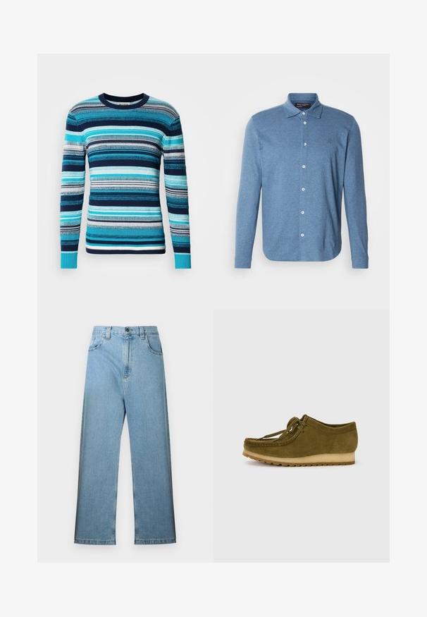 Gebreide trui met een ronde hals, voorzien van horizontale strepen in verschillende tinten blauw, wit en grijs. Zachte textuur, lange mouwen.; Blauw poloshirt met lange mouwen, gemaakt van gestructureerde stof, voorzien van een knoopsluiting aan de voorkant en een klein logo op de borst.; Lichtblauwe spijkerbroek met een hoge taille, wijd pijpontwerp, ceintuurlussen en vijf zakken. De stof heeft een gladde textuur met minimale vervaging.; Olijfgroene suède schoen met een ronde neus, vetersluiting en een lage, gestructureerde rubberen zool. Minimale stiknaad details langs de rand.