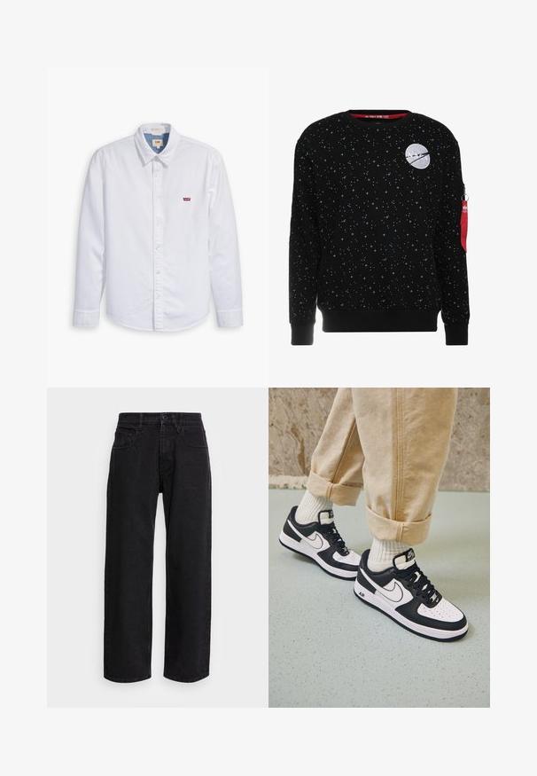 Alpha Industries NASA TAPE - Sweatshirt - black; Weißes, langärmliges Hemd mit Knopfverschluss aus Baumwolle. Verfügt über einen spitzen Kragen und ein kleines rotes Levi's-Logo auf der linken Brust. Glatte Textur.; Schwarze Denim-Hosen mit weitem Bein und hoher Taille, ausgestattet mit fünf Taschen und einem Knopfverschluss. Der Stoff hat eine glatte Textur und leichten Stretch.; Schwarz-weiße Nike Air Force 1 Sneaker mit einem Obermaterial aus Leder, perforierter Zehenpartie und strukturiertem Sohlendesign, getragen mit aufgerollten beigen Hosen und weißen Socken.