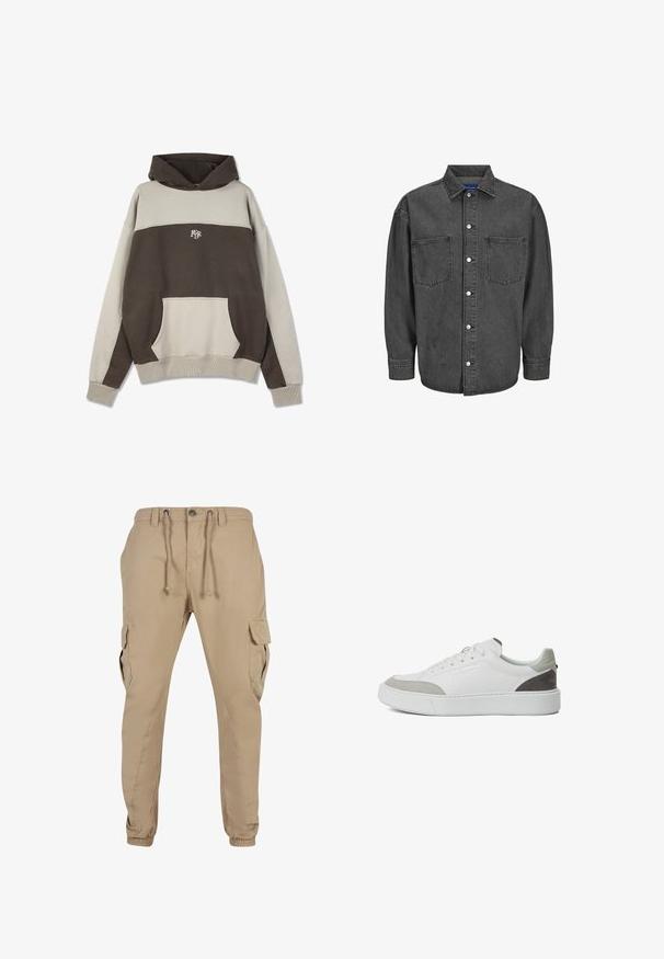 Sweat à capuche avec un design en color-block, comportant des panneaux marron et crème. Comprend une poche frontale ainsi qu'une finition côtelée au bas et aux poignets.; Veste en denim noir avec un devant à boutons, deux poches poitrine et des manches longues. Dispose d'un col pointu et de pressions argentées.; Pantalon cargo beige avec poignets élastiques, ceinture ajustable et poches latérales. Fabriqué en tissu léger, avec une texture lisse.; KARL LAGERFELD SNEAKER MAXI KUP - Baskets basses - white grey