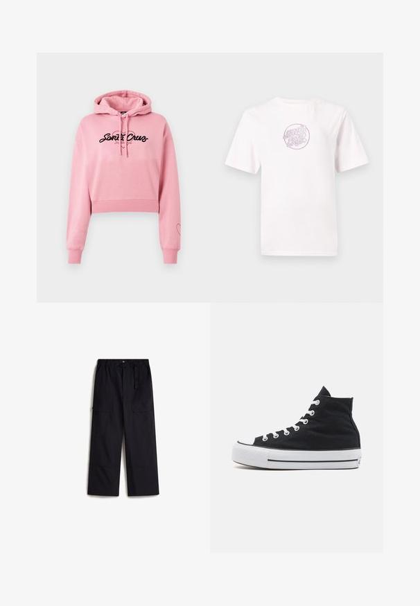 Sudadera recortada rosa hecha de material suave, con un logo negro que presenta un diseño de corazón, mangas largas y puños acanalados.; Camiseta de algodón blanca con mangas cortas, que presenta un logo circular bordado en color rosa con texto estilizado en el centro.; Pantalones cargo negros con una cintura elástica, cinturón ajustable y dos bolsillos laterales. Hechos de una tela ligera y texturizada.; Zapatillas de lona altas en negro con puntera de goma blanca, cordones blancos y una parte superior texturizada en negro. Suela intermedia a rayas en blanco y negro.