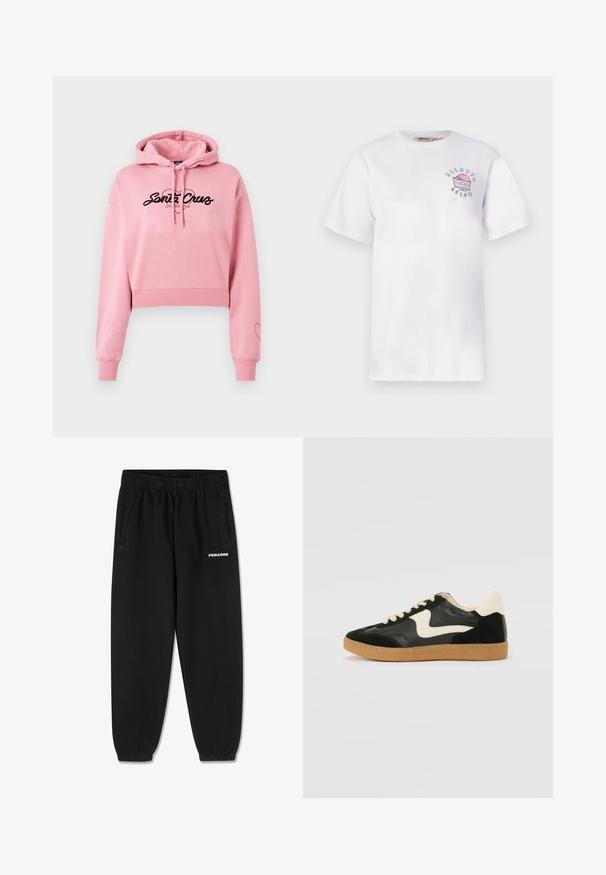 Lyserød cropped hoodie lavet af blødt materiale, med et sort logo der har et hjerte design, lange ærmer og ribbede manchetter.; Hvid t-shirt med korte ærmer med lille pink og sort grafik af en stykke gelato-kage og teksten "Ellesse Gelato" på venstre bryst.; Sorte sweatpants lavet af blødt stof, med snoretræk i taljen, tætsiddende ben og sidelommer. "PEGADOR" logo i hvid på fronten.; Sorte ruskinds- og lædersneakers med en cremefarvet side-swoosh og lys cremefarvet hæl. Har beige snørebånd og en gummirubber-sål.