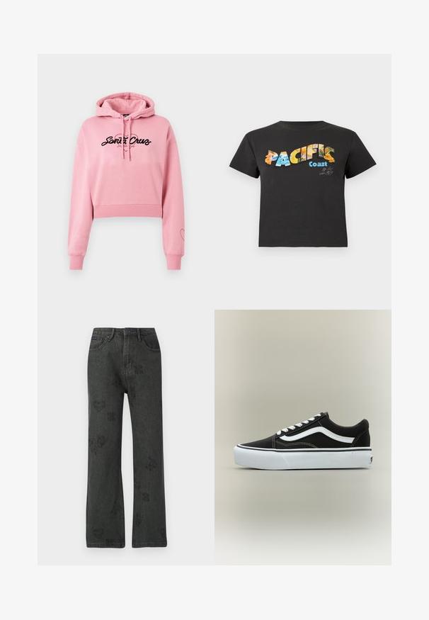 Roze cropped hoodie gemaakt van zacht materiaal, met een zwart logo met een hartontwerp, lange mouwen en geribbelde manchetten.; Zwart T-shirt met korte mouwen met de tekst "PACIFIC Coast" en kleurrijke tropische en oceaangerelateerde patronen aan de voorkant.; Zwarte wijde spijkerbroek met vervaagde bloemen-, hart- en vlinderprints, knoopsluiting aan de voorkant en vijf-pocket ontwerp.; Lage zwarte sneaker met witte zijstreep, witte veters, witte rubberen zool en gestructureerde neus op een neutrale achtergrond.