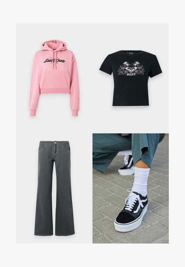 Roze cropped hoodie gemaakt van zacht materiaal, met een zwart logo met een hartontwerp, lange mouwen en geribbelde manchetten.; Zwart cropped T-shirt met wit tropisch bloemen- en palmboomdesign en de tekst "ROXY" in het midden van de borst.; Grijze flared jeans van denim met een gladde textuur. Kenmerken zijn een knoopsluiting, riemlussen en voorzakken.; Zwarte suède sneaker met witte accenten en veters, uitgerust met een dikke witte zool en contrasterende stiksels, gecombineerd met een witte sok.