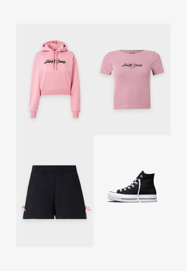 Haut court rose en matériau doux, avec un logo noir au design en coeur, des manches longues et des poignets côtelés.; T-shirt rose court en tissu côtelé, présentant un graphique noir "Santa Cruz" sur la poitrine et un petit détail en forme de cœur sur la manche.; Shorts noirs avec ceinture élastique, ourlet droit et petits nœuds en ruban rose de chaque côté près des bords inférieurs.; Baskets montantes en toile noire avec semelle en caoutchouc blanche et lacets blancs, vues de côté sur un fond blanc.