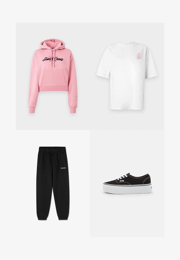 Lyserød cropped hoodie lavet af blødt materiale, med et sort logo der har et hjerte design, lange ærmer og ribbede manchetter.; Hvid bomuld t-shirt med korte ærmer, rund halsudskæring, med lille lyserødt "Vacation Club" logo på venstre bryst.; Sorte joggebukser med elastisk talje og manchetter, sidelommer og hvid "PEGADOR" logo på det øverste højre ben.; Sort lærred sneakers med en hvid gummi platform sål, der har hvide snørebånd og syninger, ikonisk branding på siden, lav-top design.