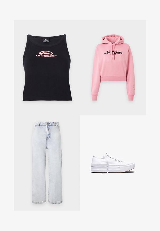 Haut court rose en matériau doux, avec un logo noir au design en coeur, des manches longues et des poignets côtelés.; Crop top noir sans manches en tissu doux, avec un logo Quiksilver rose centré sur la poitrine. Design simple avec un décolleté arrondi.; Jean en denim léger bleu clair à jambe large avec taille haute, muni d'une fermeture à boutons, d'un ourlet droit et d'une légère décoloration.; Baskets basses blanches en toile avec semelle plateforme épaisse, lacets sur le devant et embout en caoutchouc texturé, vues de profil.