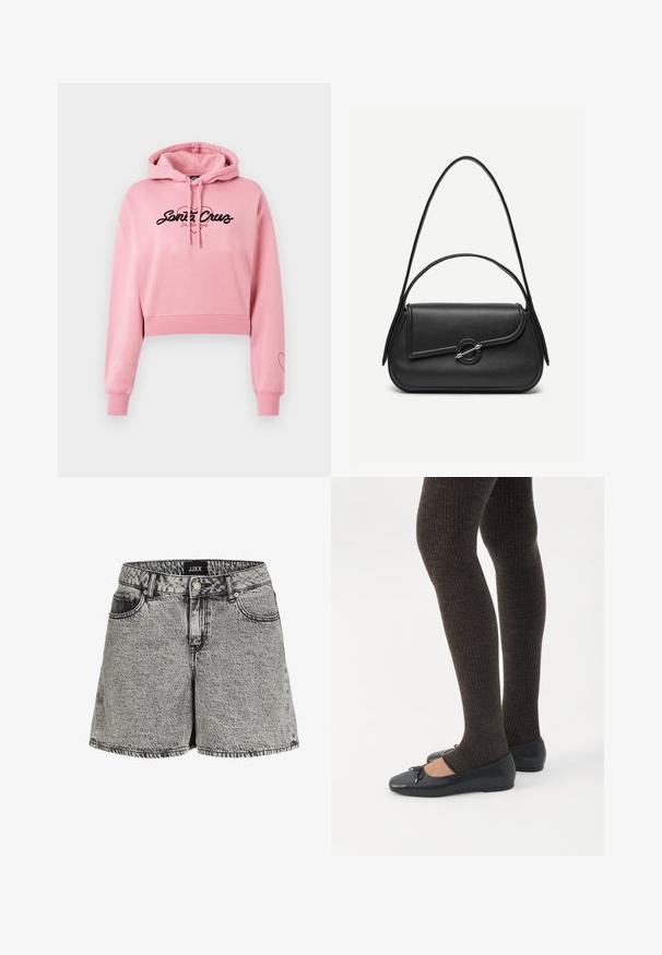 Lyserød cropped hoodie lavet af blødt materiale, med et sort logo der har et hjerte design, lange ærmer og ribbede manchetter.; Sorte og grå denimshorts med høj talje, fem-lomme design og frynset kant. Har en falmet tekstur og metallås.; Ben iført mørke ribbede leggings kombineret med sorte balletsko med små sløjfedetaljer på hvid baggrund.; Sort læderhåndtaske med afrundede kanter, asymmetrisk klap, metalcirkulært spænde samt både korte og lange skulderstropper.