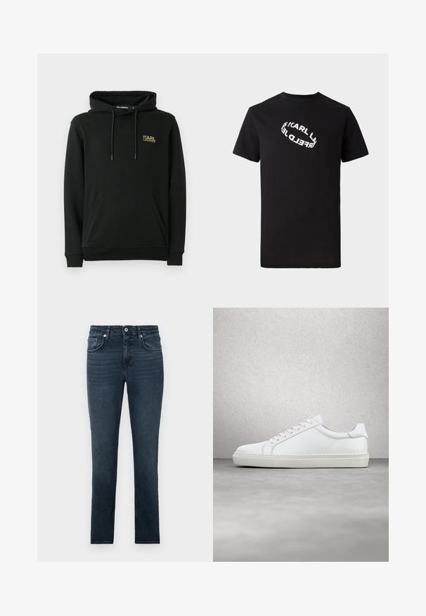 Musta huppari, jossa on etupuolella tasku, nyöritettävä huppu ja pieni kultainen "KARL LAGERFELD" -logo vasemmassa rinnassa.; Musta puuvillapaita, jossa on lyhyet hihat ja pyöreä kaula-aukko. Edessä on valkoinen, vääristyneen näköinen logoteksti.; Tummansinisiä slim-fit-farkkuja etutaskuilla, napilla ja vyölenkeillä, esiteltyinä yksinkertaista vaaleaa taustaa vasten.; Valkoinen tennari, jossa on sileä nahkapäällinen ja matala profiili. Ominaisuuksiin kuuluu pyöreä kärki, kuusi rei'itystä ja teksturoitu kumipohja.