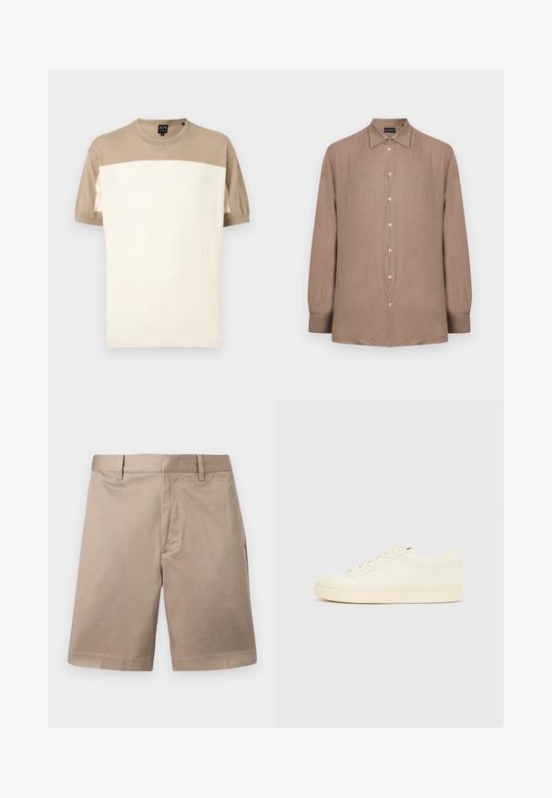 Pull à manches courtes et col rond avec une partie supérieure et des manches beige, et un large panneau inférieur crème, présenté sur un fond uni.; Chemise à manches longues boutonnée en tissu beige doux. Dispose d'un col classique et d'une broderie de logo subtile sur la poitrine. Texture lisse.; Shorts chino beige jusqu'au genou avec passants pour ceinture, couture avant et taille ajustée, présentés sur un fond uni.; Baskets couleur crème avec une tige en cuir lisse, bout arrondi, laçage à l'avant et semelle en caoutchouc texturée. Design minimaliste, sans logo.
