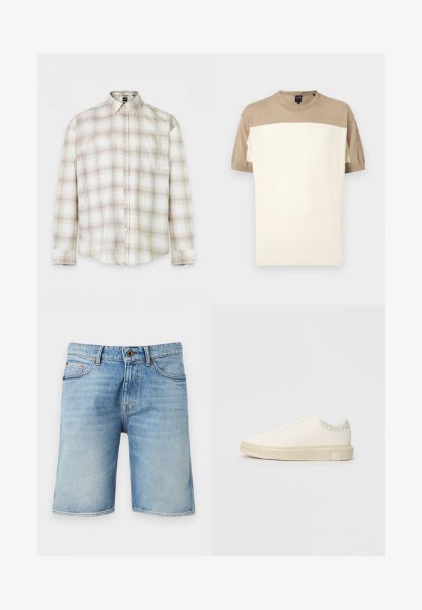 Pull à manches courtes et col rond avec une partie supérieure et des manches beige, et un large panneau inférieur crème, présenté sur un fond uni.; Chemise à manches longues avec boutons, motif à carreaux beige et marron clair et col pointu, posée à plat.; Shorts en jean bleu clair avec bouton à l'avant, braguette zippée, passants pour ceinture et poches avant, présentés sur un fond uni.; Sneaker blanc avec une tige en toile lisse, des lacets plats, un col rembourré et un accent gris texturé à l'arrière. Semelle en caoutchouc épaisse.