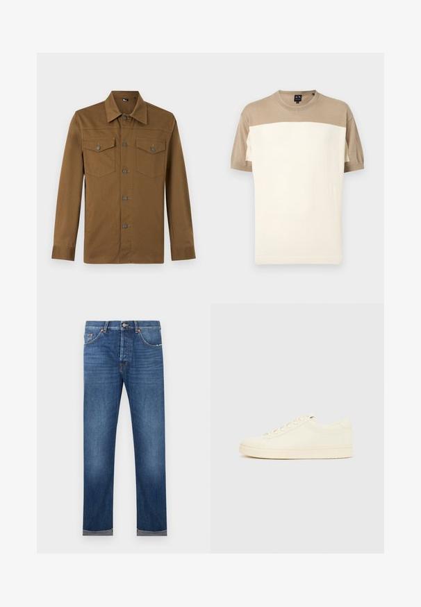 Pull à manches courtes et col rond avec une partie supérieure et des manches beige, et un large panneau inférieur crème, présenté sur un fond uni.; Chemise marron à manches longues avec col pointu et deux poches poitrine boutonnées, présentée sur fond clair uni.; Jean droit pour homme en denim bleu avec fermeture par bouton, design à cinq poches, et ourlets retroussés sur fond blanc.; Baskets couleur crème avec une tige en cuir lisse, bout arrondi, laçage à l'avant et semelle en caoutchouc texturée. Design minimaliste, sans logo.