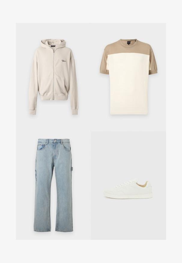 Kortærmet sweater med rund hals i beige øverste sektion og ærmer samt et bredt off-white område nederst, vist på ensfarvet baggrund.; Beige hættetrøje med lynlås i ribbet stof, med en frontlomme, blød tekstur og et lille sort logo på venstre bryst.; Lyseblå denim cargo-buks med en afslappet pasform, der har sidelommer, lige ben og synlige syninger.; Hvid lavt snøresneaker i læder med hvide snørebånd og tekstureret sål, vist fra ydersiden på en lysegrå baggrund.