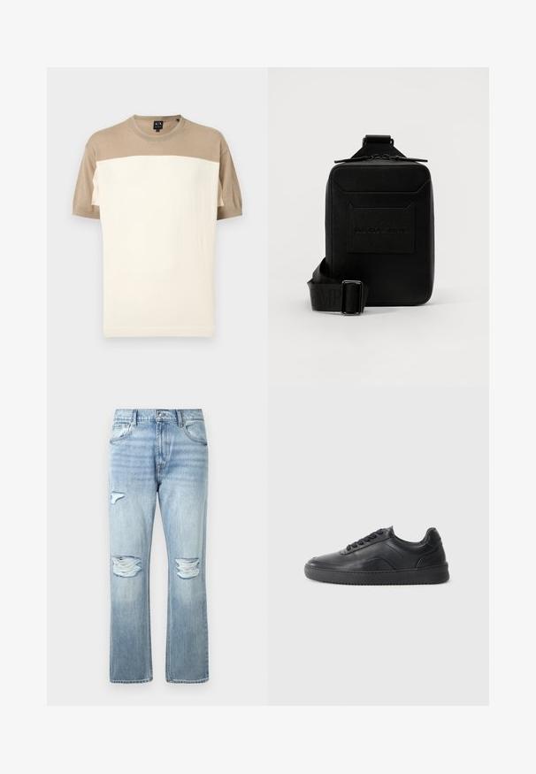 Korte mouw trui met ronde hals, beige bovenstuk en mouwen, en een brede off-white onderste paneel, tentoongesteld op een effen achtergrond.; Lichtblauwe denim jeans met versleten scheuren op beide knieën en een klein scheurtje op de bovenkant van de linker dij, klassieke vijf-pocketstijl.; Zwarte leren sneaker met een gladde afwerking, ronde neus, textuurpaneel aan de zijkant en zwarte veters. Voorzien van een platte rubberen zool en een minimalistisch ontwerp.; Zwarte leren crossbody tas met een textuur, ritssluiting, voorvak met een reliëf-logo, verstelbare schouderband met merknaam.