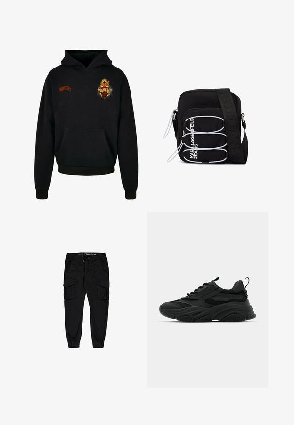 Sort hoodie med en frontlomme, prydet med et farverigt hjerte og blomsterdesign på brystet samt orange tekst, der læser "migonztales."; Sorte cargobukser lavet af letvægtsstof, med elastisk talje, snor, og flere sidelommer samt tætsiddende cuffs.; Sorte atletiske sneakers med en kraftig sål, meshpaneler og gummidetaljer. Har en trækflap ved hælen og strukturerede mønstre.; Sort skuldertaske med hvide elastiske løkker, lynlåstræk og hvid "KARL LAGERFELD JEANS" tekst på frontlommen.
