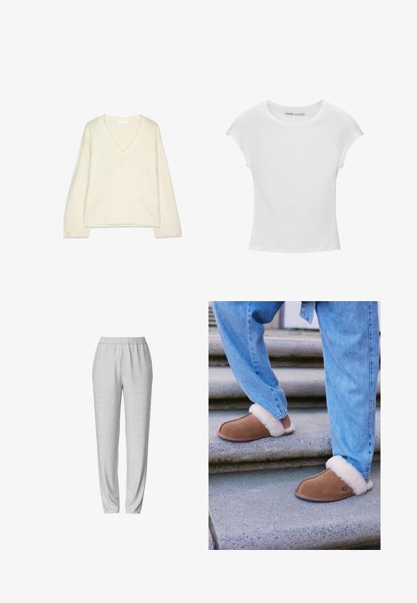 Crème gebreide trui met V-hals en lange mouwen, met geribde manchetten en onderrand, en een relaxte, iets kortere pasvorm.; Witte katoenen T-shirt met korte, opgerolde mouwen, een ronde halslijn en een rechte zoom. Gladde textuur zonder zichtbare patronen of accenten.; Grijze sweatpants met een elastische tailleband, taps toelopend ontwerp, zachte textuur en zonder zichtbare patronen of hardwaredetails.; Bruine suede pantoffels met witte faux bont voering, ronde neus en rubberen zool, gecombineerd met een blauwe spijkerbroek op granieten trappen.