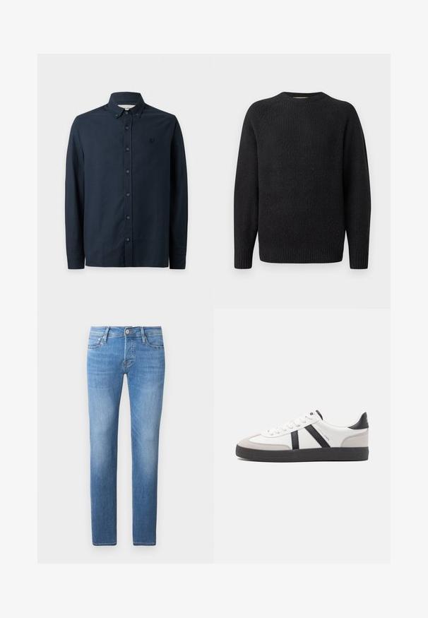 Pull en tricot noir avec un col rond, texture côtelée et manches longues. Design simple sans logos visibles ni ornements.; Chemise noire à manches longues boutonnée, avec col boutonné et logo brodé discret sur la poitrine gauche.; Jeans en denim bleu clair avec une coupe droite, dotés d'une fermeture à bouton et à glissière, de cinq poches et d'un léger délavage.; Baskets blanches avec des accents noirs et gris, présentant un embout texturé gris, une semelle en caoutchouc noir et des lacets plats blancs. Design épuré, style minimaliste.